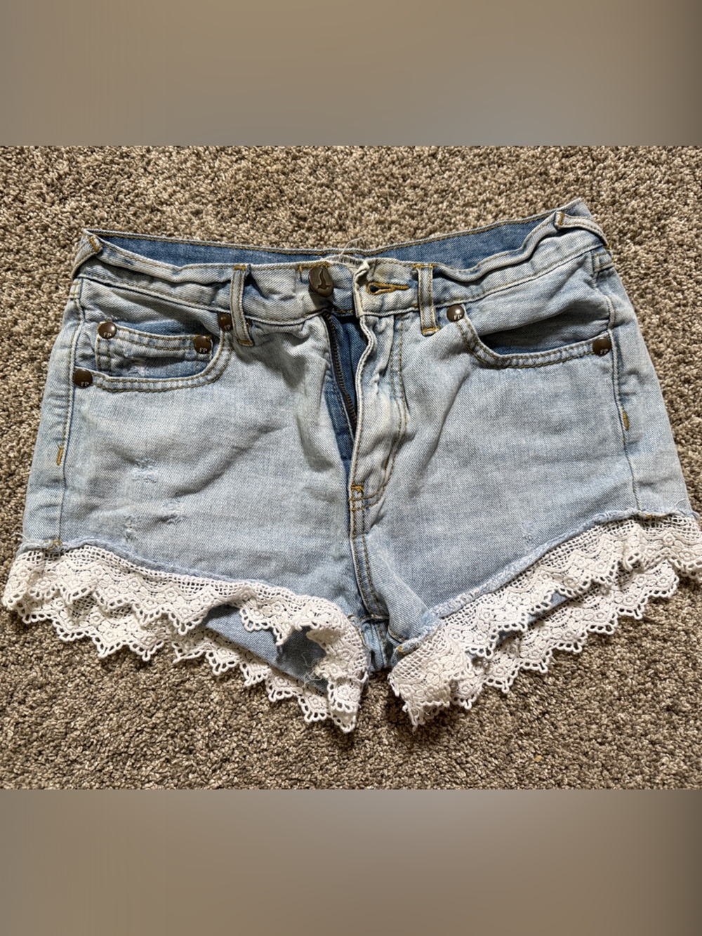 Free People Light Wash Denim Shorts with White Lace Trim